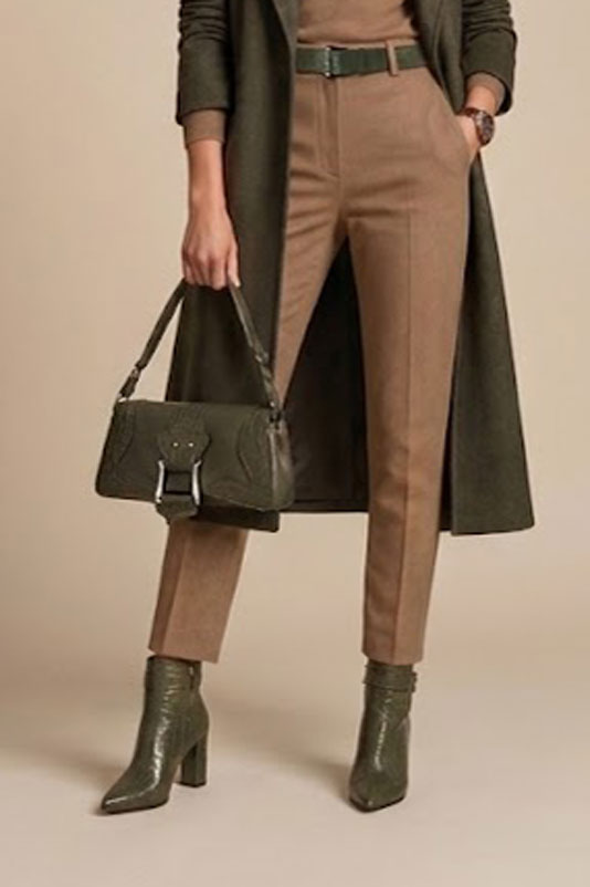 Women's forest green back-buckle ankle boots with pointed toe and high block heel - Top view